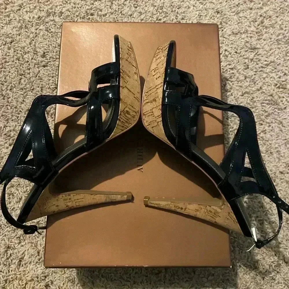 Audrey Brooke Shiny Black Cork Heeled Shoes Sz 8